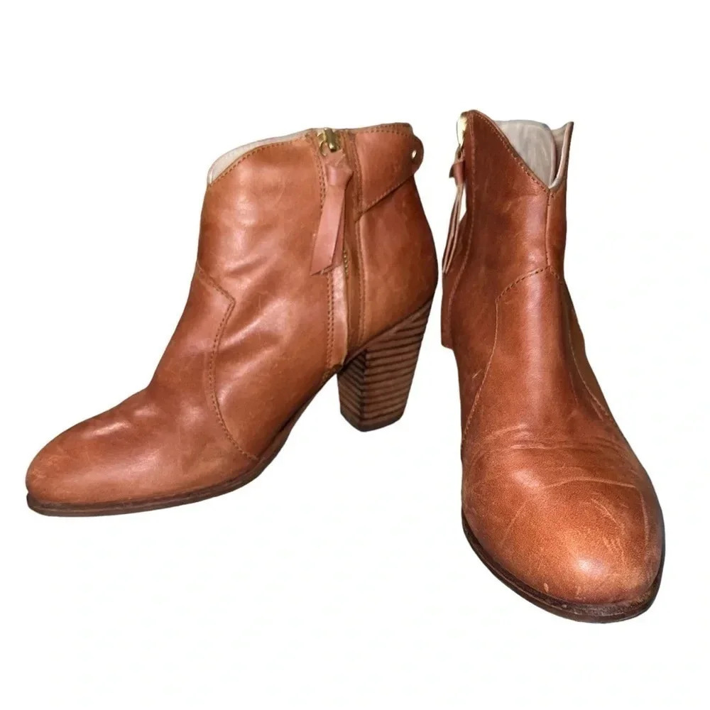 Boden Leather Ankle Boots Brown Stacked Heel Zipper Women's Size 38